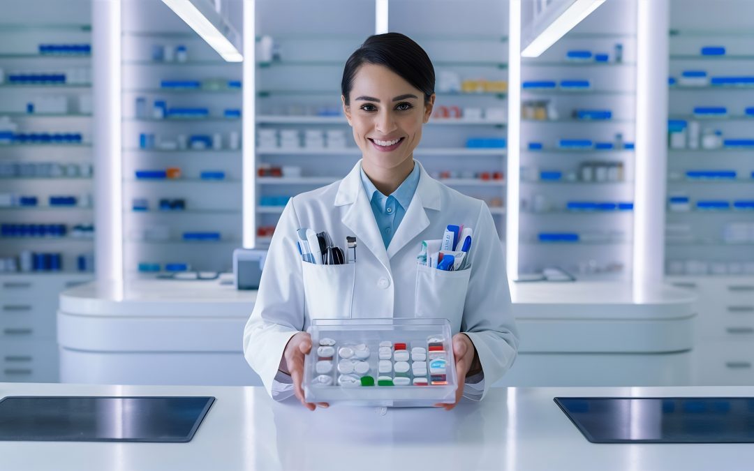 pharmacien présentant du matériel médical en pharmacie